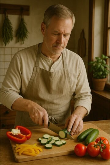 Denis cutting vegetables.