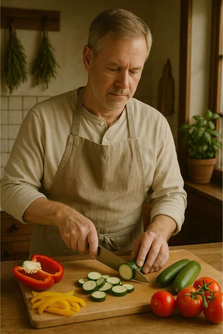 Denis cutting vegetables.