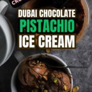 Dubai chocolate pistachio ice cream in a bowl next to the ninja creami pint with more ice cream.