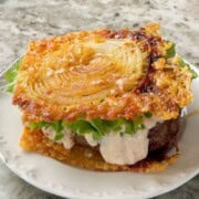 2 ingredient onion ring chips used as a bun for a hamburger.